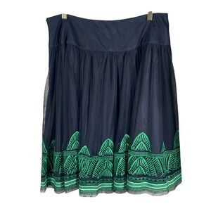 Peter Nygård 12P Navy Mesh Embroidered A-Line‎ Skirt NWT Green Trim Side Zip
